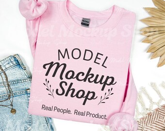 Light Pink Gildan 18000 Sweatshirt Mockup: Folded Boho Flat Lay