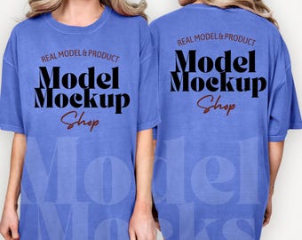 Comfort Colors C1717 Flo Blue Tshirt Mockup | Real Model Mock | Double Sided Oversized Mock up | Front And Back Mockup | Backside Mockup