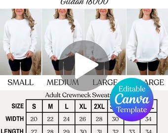 Editable Gildan 18000 Video Size Chart, G180 Sweatshirt Video Mockup, Gildan Sizing Guide, Real Person Model, Editable Video Size Guide