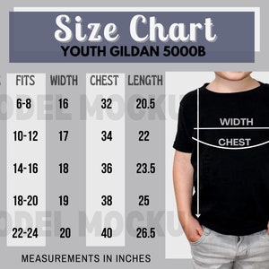 Gildan 5000B Youth Size Chart, Unisex Gildan 5000B Size Chart, Gildan ...