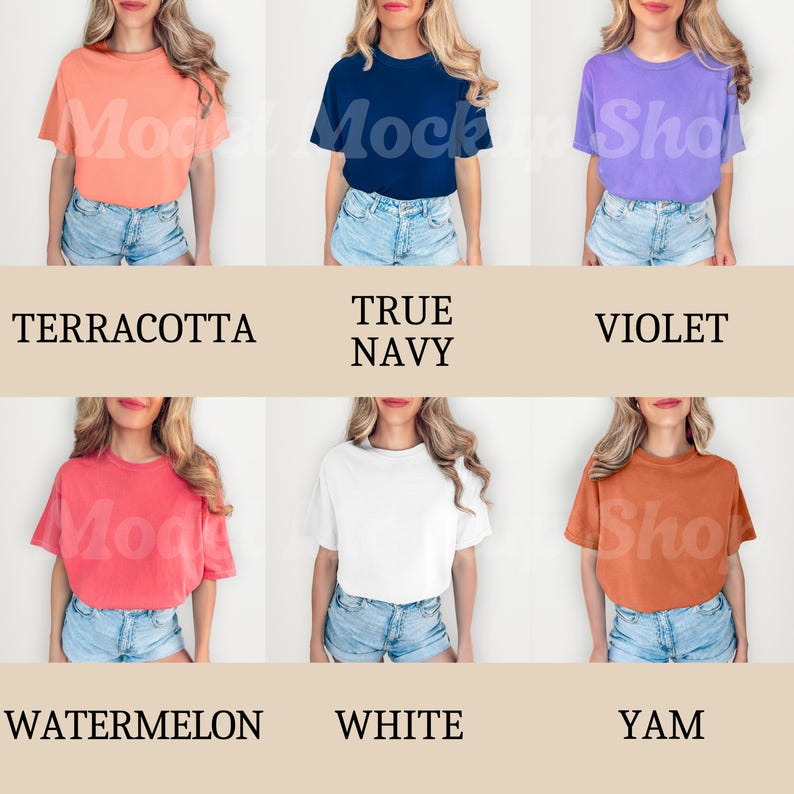 以下が含まれることがあります： 10色の異なるカラーバリエーションで女性用Tシャツのモックアップ: テラコッタ、ネイビー、バイオレット、ウォーターメロン、ホワイト、ヤム、ティール、ブラック、グレー、ライトピンク。Tシャツはゆったりとしたフィット感で、クルーネックです。