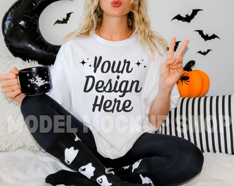 Comfort Colors C1717 Shirt Mockup White | Model Mockup | 1717 Mock Ups | Comfort Color Shirt Mock | Fall Mock up | Halloween Mockup