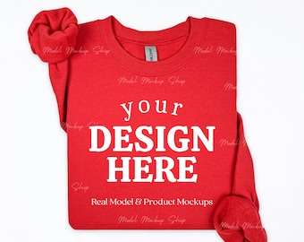 Gildan 18000 rood platliggend mockup, 18000 rood platliggend sweatshirtmodel, Gildan Red G180-model, minimaal eenvoudig platliggend Gildan 18000-model