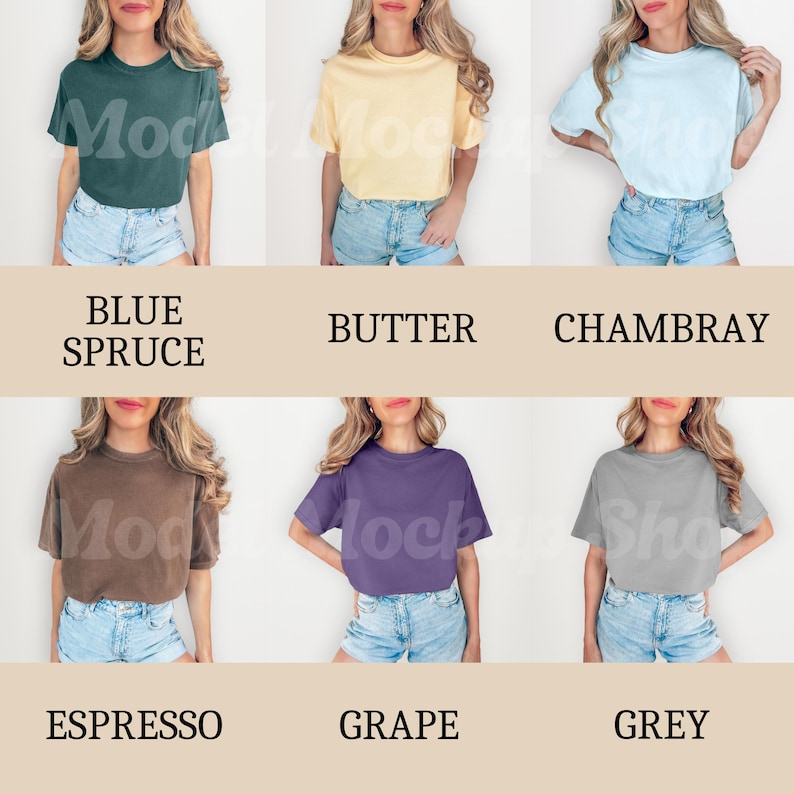 以下が含まれることがあります： クロップドTシャツの異なる色を9枚の画像で紹介したコラージュ。色はブルー・スプルース、バター、シャンブレー、エスプレッソ、グレープ、グレーです。