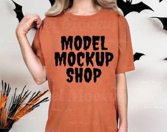 Comfort Colors C1717 Halloween Tshirt Mockup Yam, Real Model Mock, CC1717 Yam Halloween T-Shirt Mock, Orange Halloween Shirt Mockup