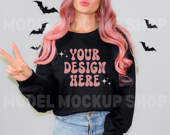 Gildan 18000 Mockup, Fall Mockup Gildan 18000, 18000 Black Mockup, Gildan Black Sweatshirt Mockup, Oversized Sweatshirt Mockup, Halloween
