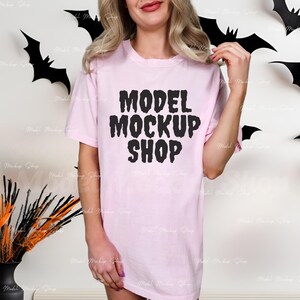 Comfort Colors C1717 Halloween Tshirt Mockup Blossom, Real Model Mock, 1717 Pink Halloween Mock Up,  Pink Themed Halloween Shirt Mockup