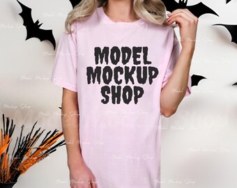 Comfort Colors C1717 Halloween Tshirt Mockup Blossom, Real Model Mock, 1717 Pink Halloween Mock Up,  Pink Themed Halloween Shirt Mockup