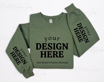 Manche maquette Gildan 18000 vert militaire, maquette de manche de sweat-shirt à col rond G180, maquette de manche minimale simple pliée à plat
