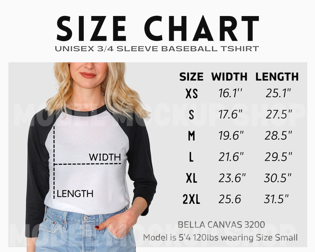 Bella Canvas 3200 Unisex Size Chart Mockup, White Black Raglan Mockup