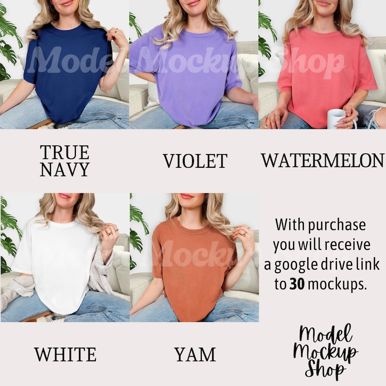 May include: A collection of short-sleeved t-shirts in various colors: true navy, violet, watermelon, white, and yam. Each shirt has a crew neck. The text "Model Mockshop" is visible on the shirts. The text "Model Mockup Shop" is also visible.