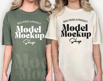 Comfortkleuren 1717 Ivoor en mos shirtmodel, CC1717 dubbel shirtmodel, echt modelmodel, vriendenpaarmodel, vrijgezellenfeestmodel