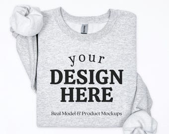 Gildan 18000 Ash Grey Mockup, 18000 Ash Grey Flat Lay Sweatshirt Mockup, Folded Gildan Flatlay Mockup, Gildan Ash Grey Sweatshirt Mockup