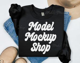 Gildan 18000 Black Flat Lay Mockup, 18000 Black Flat Lay Sweatshirt Mockup, Gildan  Crewneck Mock, Trendy Boho Flatlay Gildan 18000 Mockup