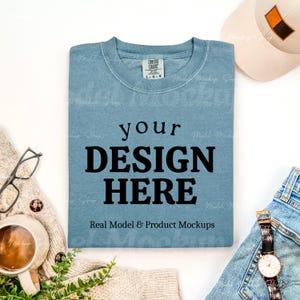 Comfort Colors 1717 Ice Blue Flat Lay Mockup | Blue Shirt Mock-up | Mens Folded T-Shirt Flatlay | CC1717 Male Tshirt Flat Lay Mock up
