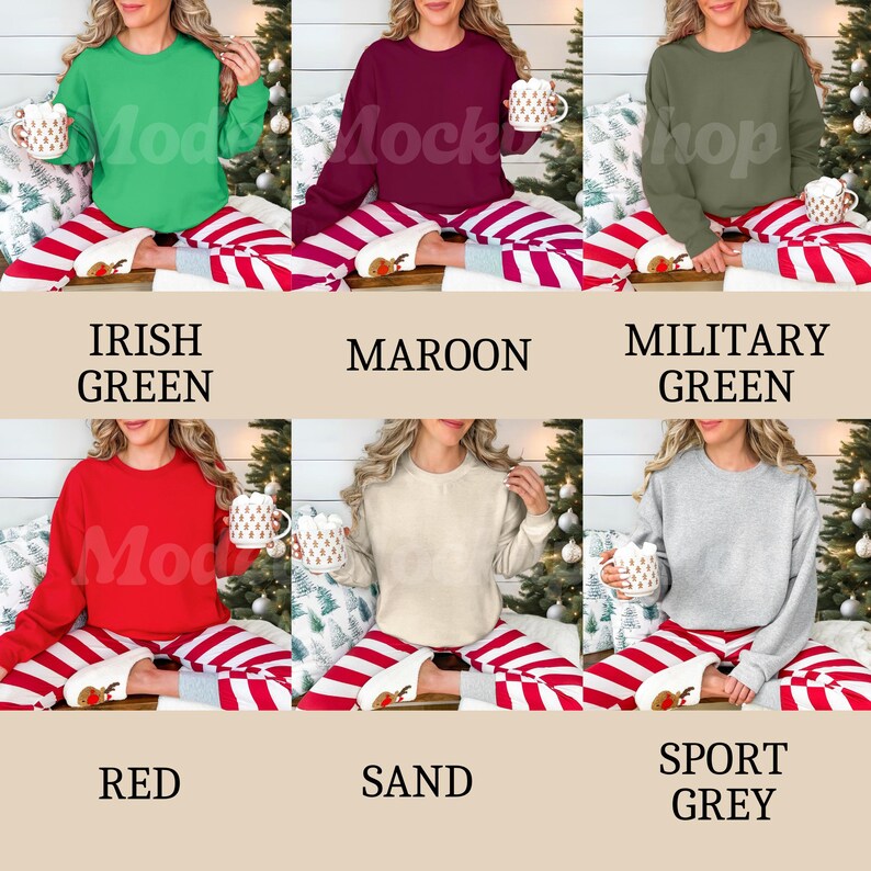 May include: Six different color crew neck sweatshirts, each worn by a model in a red and white striped pajama bottom. The colors are Irish Green, Maroon, Military Green, Red, Sand, and Sport Grey.