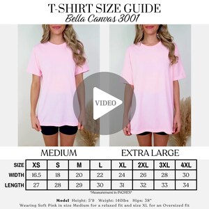 Bella Canvas 3001 ビデオサイズ表、BC3001 ビデオモックアップ、実モデルモック、Tシャツサイズガイド、PODサイズ比較表、サイズリファレンス