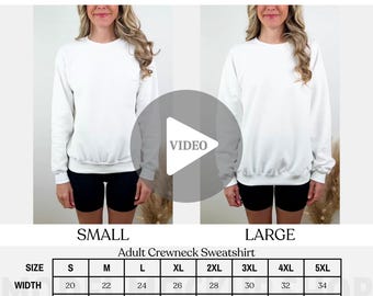 Tableau des tailles vidéo Gildan 18000, Tableau des tailles vidéo du sweatshirt G180, Guide des tailles Gildan 18000, Modèle réel, Maquette du guide du tableau des tailles vidéo