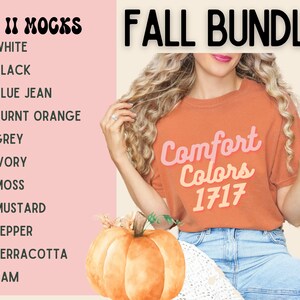 May include: A woman wearing a burnt orange t-shirt with the text "Comfort Colors 1717" printed on it. She is holding a small pumpkin in her left hand. The image is set against a pink background with a list of colors in black text.