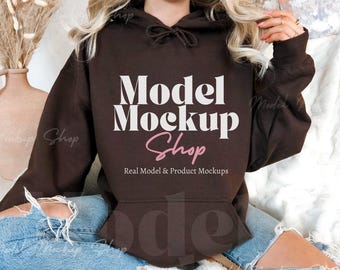 Gildan 18500 Dark Chocolate Hoodie Mockup, G185 Brown Hoodie Mock-up, Real Model Mock, Cozy Trendy Casual Aesthetic Hoodie Mock