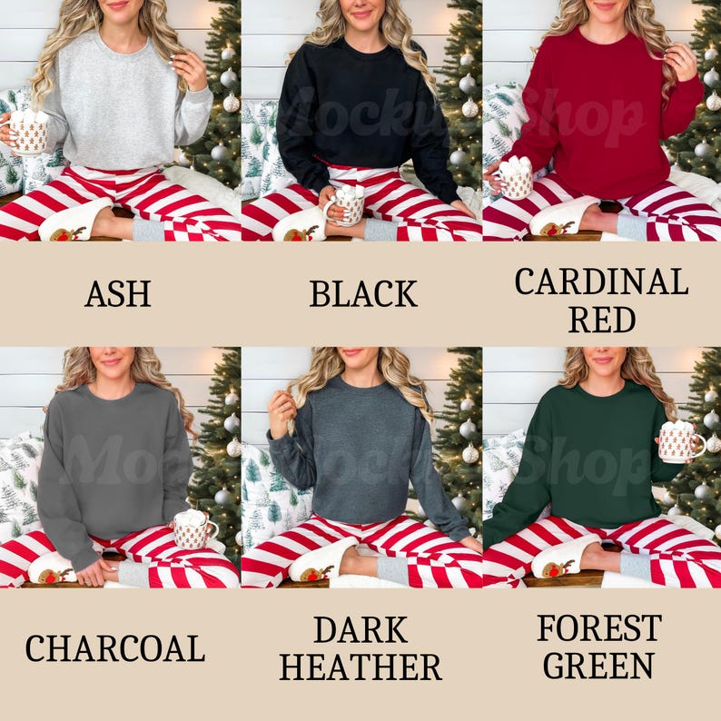 May include: Six different color cropped sweatshirts with long sleeves. The sweatshirts are shown on a model wearing red and white striped pants. The colors are ash, black, cardinal red, charcoal, dark heather, and forest green.