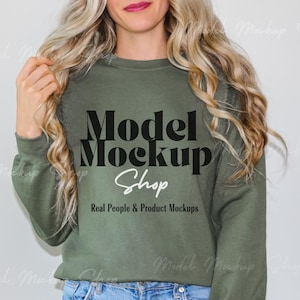 Gildan 18000 Mockup, Gildan Military Green Sweatshirt Mockup, Sweatshirt Model Mockup, Military Green Gildan Crewneck Mockups