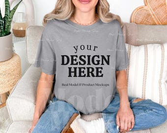 Comfort Colors 1717 Grey Tshirt Mockup, CC1717 Grey Shirt, Real Model Mock, Neutral Simple Boho Mock-up (Digital Download)