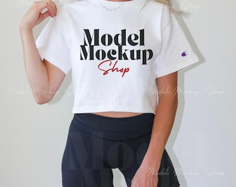 White Champion Cropped Tee Mockup | T453W Shirt Mockup
