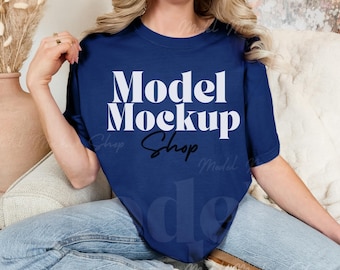 Comfort Colors 1717 True Navy Tshirt Mockup, CC1717 Blue Shirt Mockup, Real Model Mock, 1717 Blue T-shirt Mockup, Trendy Aesthetic Mockup