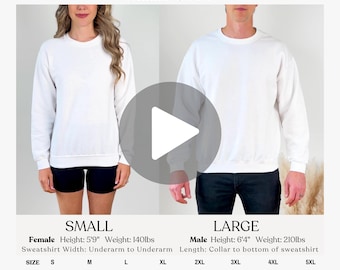 Tabla de tallas de Gildan 18000 (video), tabla de tallas de sudadera G180 para hombre y mujer (video), guía de tallas de Gildan 18000 (video), maqueta de la guía de tallas (video)