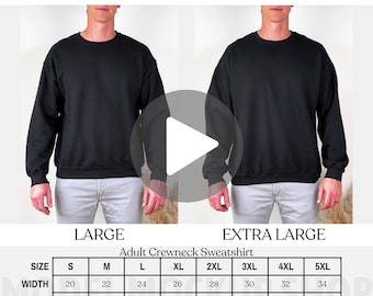 Tabla de tallas (video) de Gildan 18000, Tabla de tallas (video) de sudadera G180 para hombre, Guía de tallas (video) de Gildan 18000 para hombre, Maqueta de la guía de tallas (video)