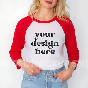 Bella Canvas 3200 Mockup, White/RED Raglan Shirt Mockup, RED Bella Canvas 3/4 Sleeve, Unisex Baseball T Shirt Mockup