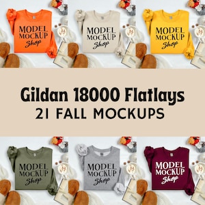May include: A flat lay featuring six Gildan 18000 sweatshirts in various colors: orange, beige, yellow, olive green, gray, and burgundy. Each sweatshirt displays the text "MODEL MOCKUP Shop". The image also includes fall-themed accessories.