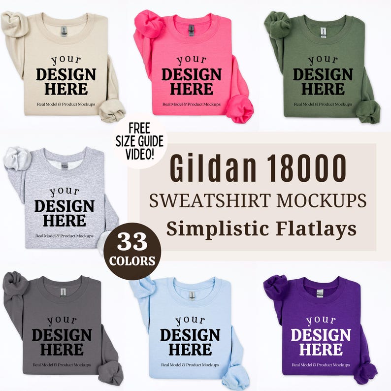 Gildan 18000 Mockup Bundle, gefaltetes Flat Lay Mockup Bundle, G180 gefaltetes Sweatshirt Mockup Bundle, Flatlay Crewneck Pullover Bundle Mockup Bild 1