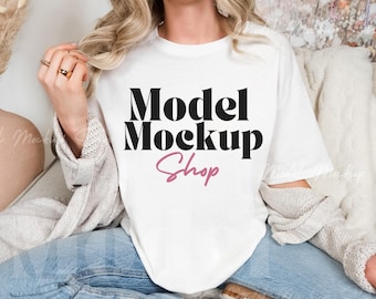 Comfort Colors 1717 White Tshirt Mockup, CC1717 White Shirt mockup,  Real Model, Trendy Aesthetic Oversized White T-Shirt Mockup