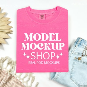 Comfort Colors 1717 Neon Pink Mockup, CC1717 Flat Lay Mock up, 1717 Neon Pink Mock, Boho Flat lay Shirt, Folded Comfort Color Shirt Mock