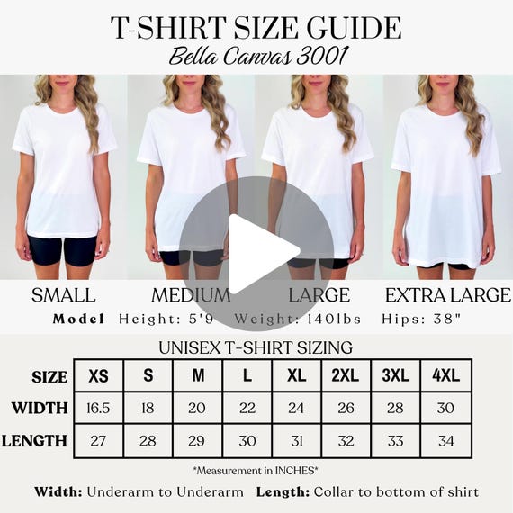 Bella Canvas 3001 Video Size Chart, BC3001 Video Mockup, Real Model Mock, T-Shirt Sizing Guide, POD Size Comparison Chart, Size Reference