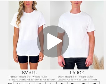 Gildan 64000 Video Size Chart, G64000 Unisex Video Size Guide Mockup, Gildan Sizing Guide, Real Person Model, Male & Female Video Size Chart