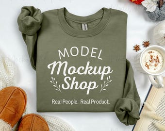Gildan 18000 Fall Mockup, Gildan 18000 Military Green Mockup, Folded Flat Lay Sweatshirt, Fall Flatlay Gildan 180 Mockup