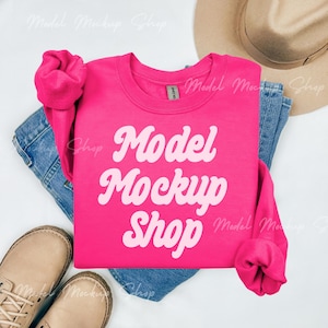 Gildan 18000 Heliconia Flat Lay Mockup, 18000 Sweatshirt Flatlay Mockup, Gildan Crewneck Mockup, Trendy Boho Folded Flat Lay Mockup