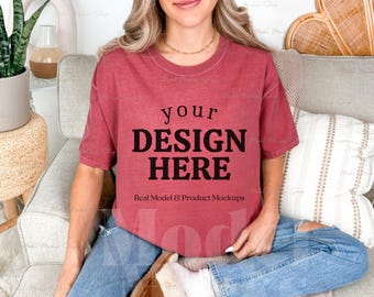 Comfort Colors 1717 Crimson T-Shirt Mockup, Boho Style (Digital Download)