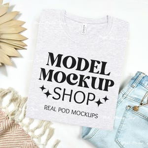 Bella Canvas 3001 Ash Grey Flat Lay Mockup, BC3001 Flat Lay Mock up, Boho Flatlay Shirt Mock, Real Product Mock, Folded Ash Grey Tshirt Mock