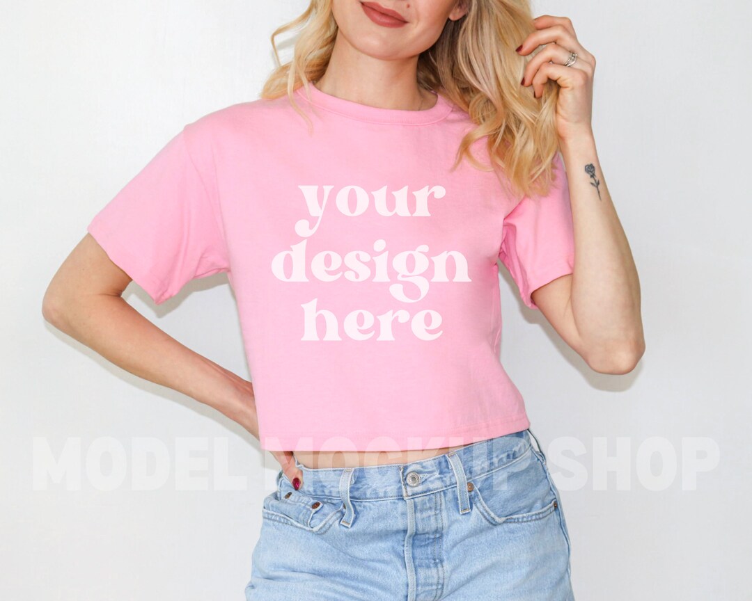 Pink Candy Champion Cropped Tee Mockup | Champion T453W Crop Top Mockup ...
