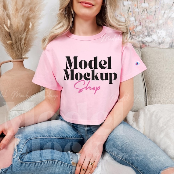 Pink Candy Champion Tee Pink Champion T453W Crop Top Mockup Pink