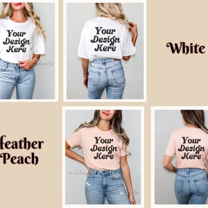 May include: Two views of a white t-shirt and two views of a heather peach t-shirt, both with the text "Your Design Here" printed on the front. The shirts are modeled on a person wearing blue jeans.