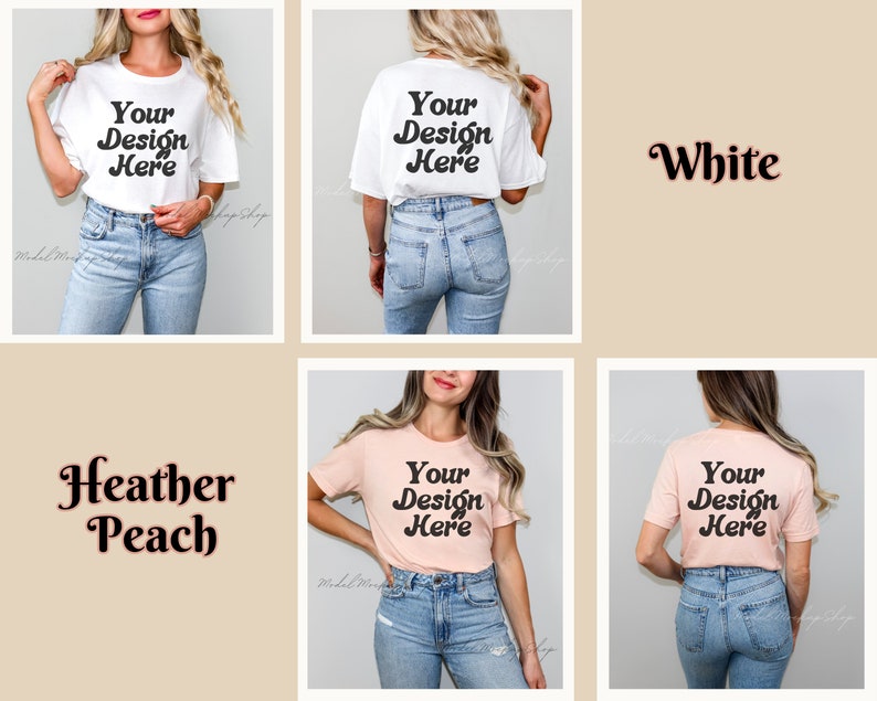 May include: Two views of a white t-shirt and two views of a heather peach t-shirt, both with the text "Your Design Here" printed on the front. The shirts are modeled on a person wearing blue jeans.