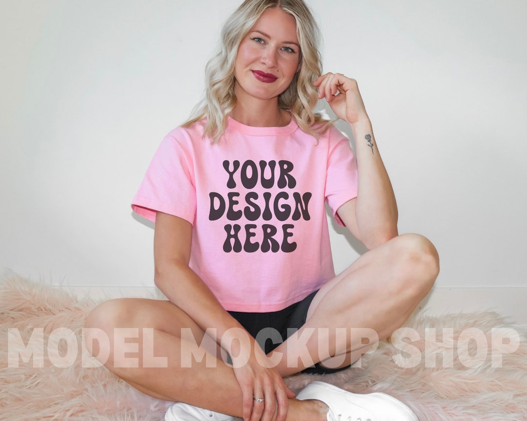 Pink Candy Champion Cropped Tee Mockup Champion T453W Crop Top Mockup ...