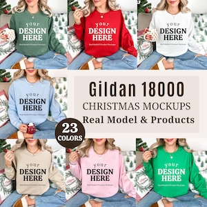 Lot de maquettes de Noël Gildan 18000, maquette de sweat-shirt, col rond, lot Gildan 18000, maquette de modèle réel, Noël esthétique tendance pour les fêtes