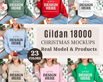 Gildan 18000 Christmas Mockup Bundle, Sweatshirt Crewneck Mockup, Gildan 18000 Bundle, Real Model Mock, Trendy Holiday Aesthetic Christmas