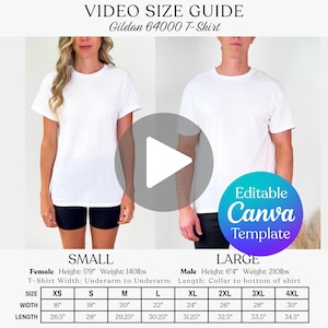 Editable Gildan 64000 Video Size Chart, G64000 Unisex Editable Video Size Guide, Gildan Sizing Guide, Real Person Model Video Size Chart